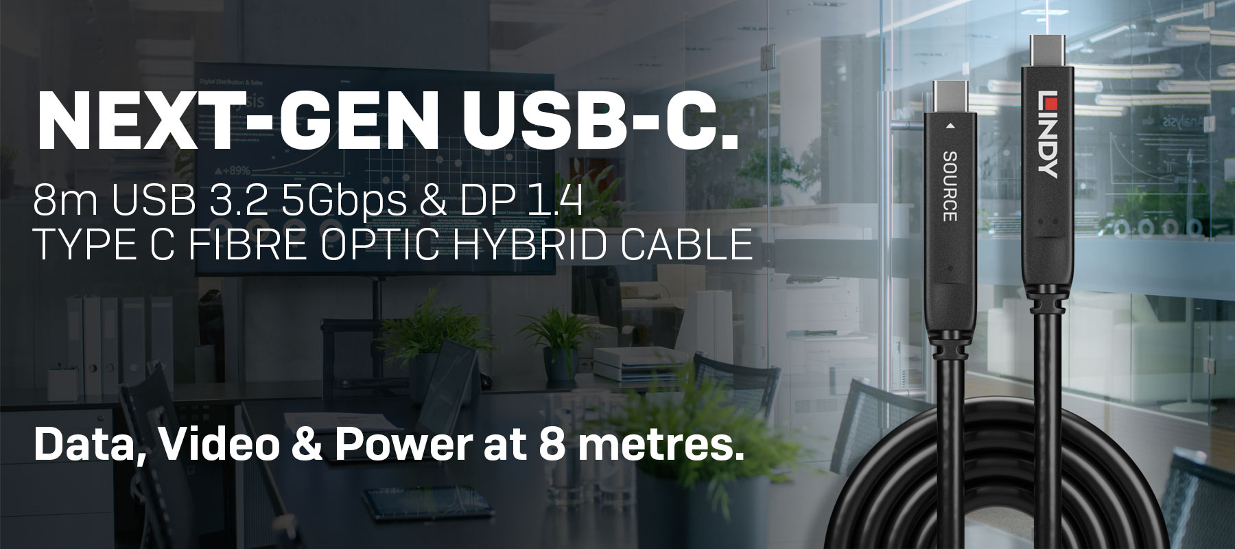 Lindy 8m USB 3.2 Gen 1 & DP 1.4 Fibre Optic Hybrid Cable